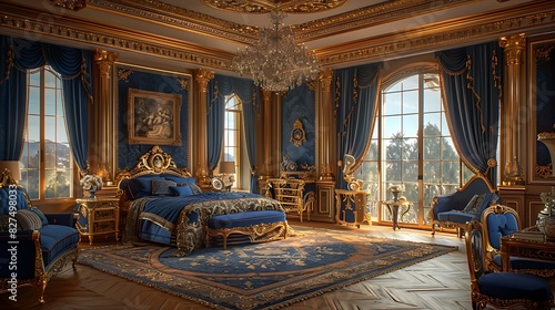 A hyper-realistic Baroque opulence bedroom, gold-accented wooden bed with plush velvet bedding in royal blue, heavy brocade curtains, ornate ceiling moldings, crystal chandelier, luxurious furniture. photo