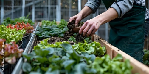 Hands turning food waste in a sustainable compost bin garden: A closeup perspective. Concept Sustainable Gardening, Composting, Food Waste Reduction, Garden Maintenance, Environmental Awareness