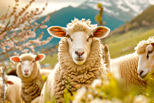 A flock of white sheep grazing in a field, with one sheep in the foreground looking directly at the camera. The background features snow-capped mountains and blooming trees.