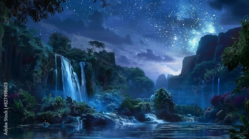 Enchanted Moonlit Waterfall Oasis in Mystical Forest Landscape