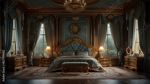 A hyper-realistic Baroque opulence bedroom, intricate wood-carved bed frame with rich velvet bedding, gold accents throughout, ornate chandelier, heavy brocade curtains, detailed wall moldings.