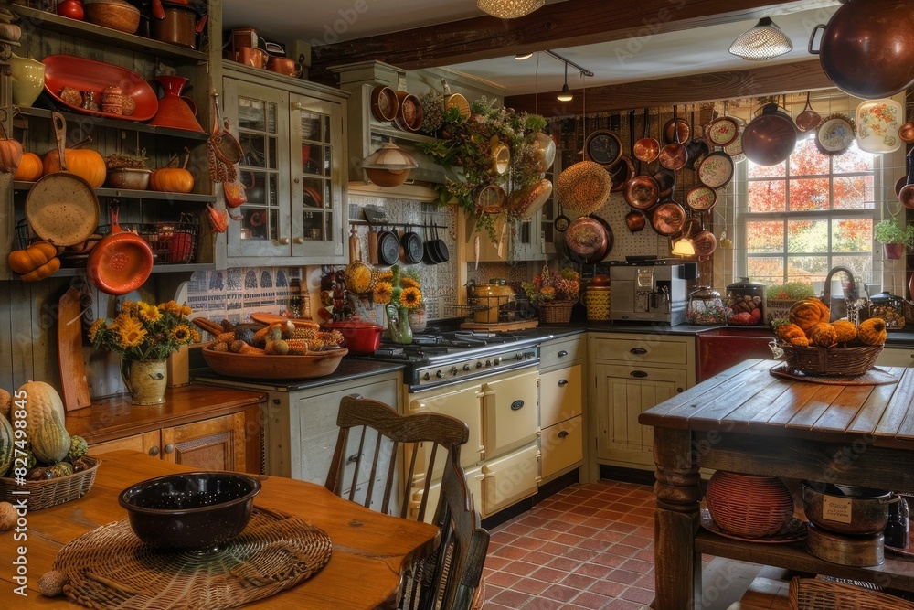 Warm, inviting kitchen space brimming with rustic charm and seasonal autumn decorations