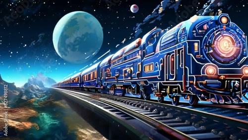 An animation depicting a train traveling through space, visiting different planets and star systems, with detailed pixel art of the train and the cosmic scenery. photo