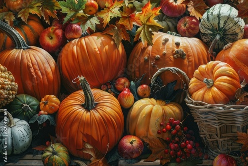 The vibrant and colorful autumn harvest splendor  celebrating the abundance of pumpkins. Gourds. Apples. Berries. And squashes in a festive seasonal decoration display for thanksgiving and halloween