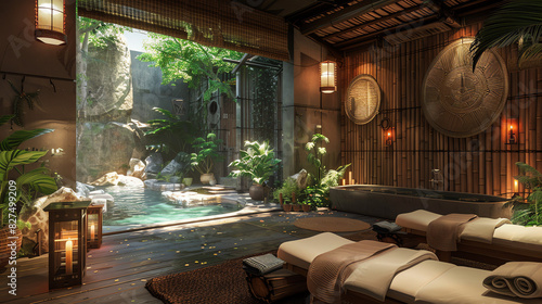 spa treatment room with two massage tables, plants, and a water feature