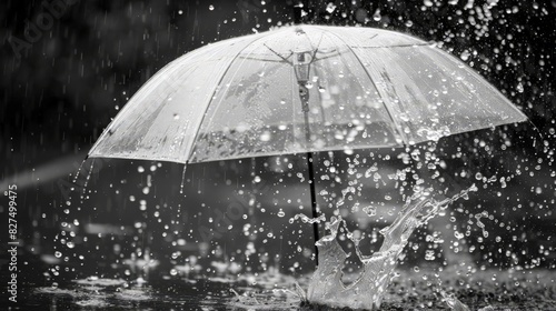 Amidst the downpour, a transparent umbrella shields against the relentless raindrops, creating a mesmerizing display of water droplets splashing against its surface.