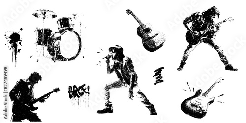 monochrome vector rockstar musician guitar and drum in mezzotint photocopy effect, for grunge punk y2k collage design. guitarist vocalist retro elements. brutalist vintage illustration music poster.