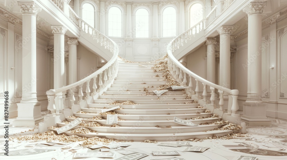 Obraz premium Grand staircase with collapsing steps, broken dollar signs scattered around, isolated on white background, copy space
