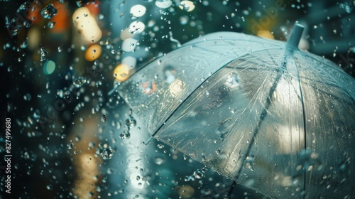 Amidst the heavy rain, a transparent umbrella serves as a shield against the elements, its surface illuminated by the spectacle of raindrops splashing in all directions