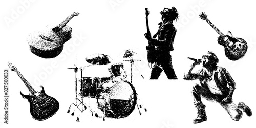 monochrome vector rockstar musician guitar and drum in mezzotint photocopy effect, for grunge punk y2k collage design. guitarist vocalist retro elements. brutalist vintage illustration music poster.