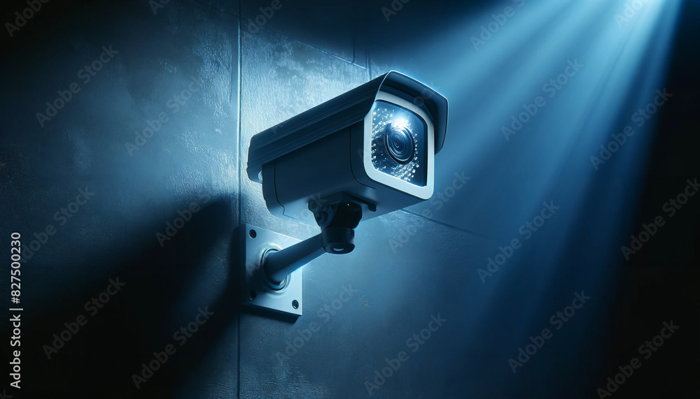 A security camera mounted on a wall, illuminated by blue light. A security camera mounted on a wall, illuminated by blue light.