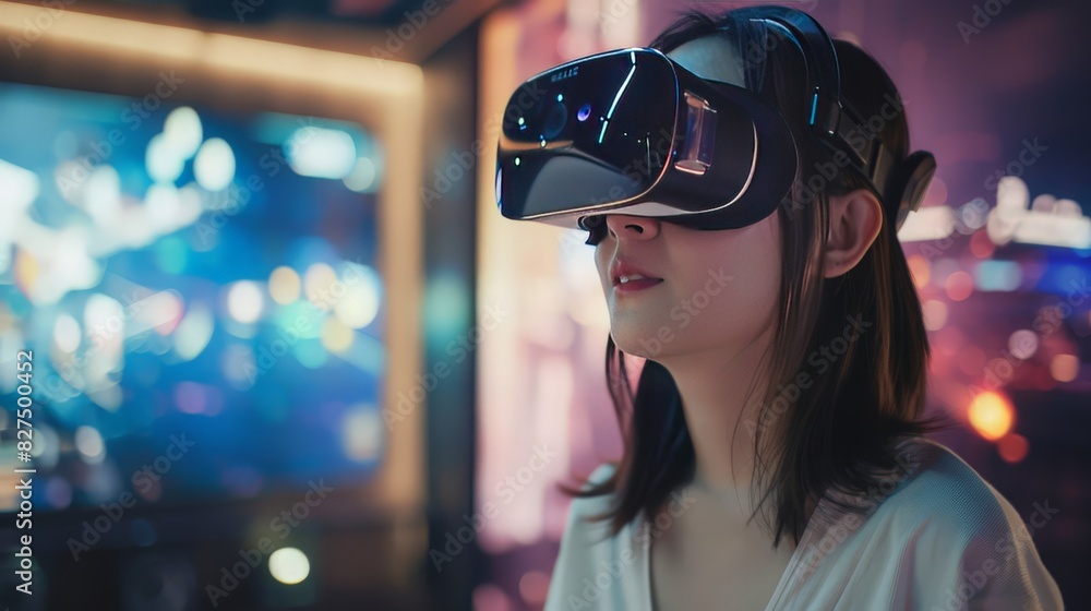 An attractive Asian woman, casually dressed, uses VR goggles to watch a live concert stream, fully engaged in the immersive and dynamic virtual reality environment. An attractive Asian woman, casually dressed, uses VR goggles to watch a live concert stream, fully engaged in the immersive and dynamic virtual reality environment.