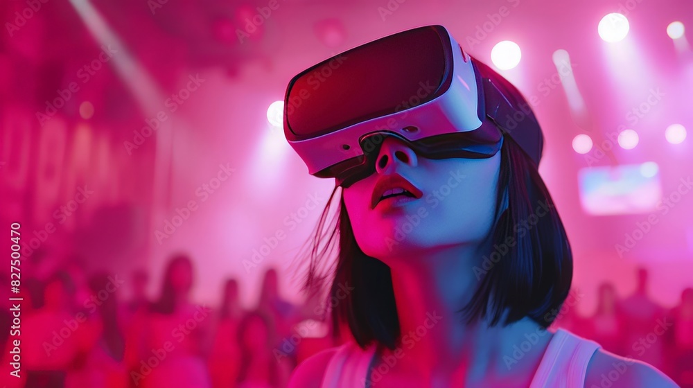An attractive Asian woman, casually dressed, uses VR goggles to watch a live concert stream, fully engaged in the immersive virtual reality world. An attractive Asian woman, casually dressed, uses VR goggles to watch a live concert stream, fully engaged in the immersive virtual reality world.