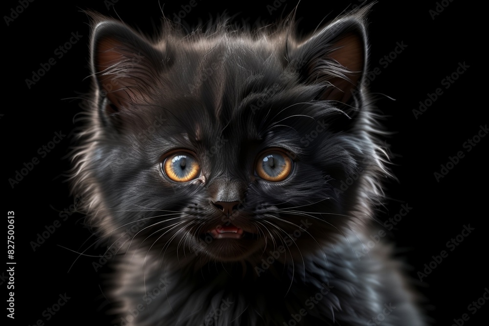 black fluffy kitten, isolated on a black background black fluffy kitten, isolated on a black background