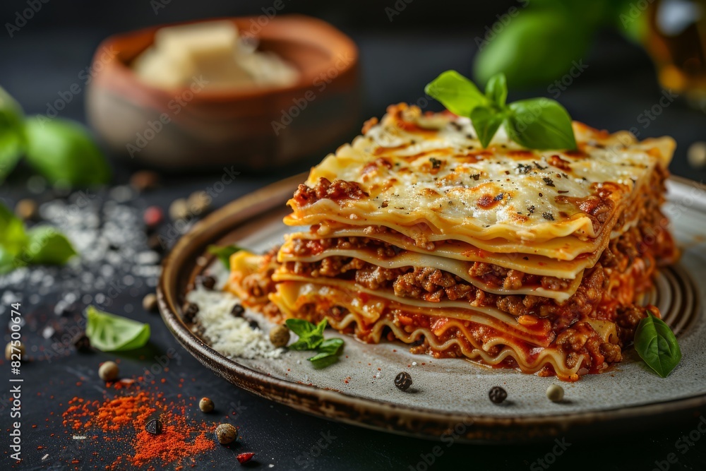 Delicious lasagna with meat sauce and cheese on dark background, hd photography of food, delicious bolognese pasta in the style of seihebricommerce stock photo contest winner. High quality photo Delicious lasagna with meat sauce and cheese on dark background, hd photography of food, delicious bolognese pasta in the style of seihebricommerce stock photo contest winner. High quality photo