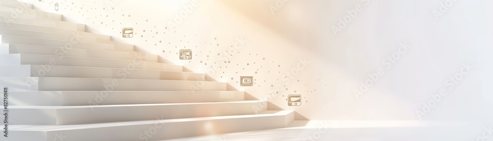 Obraz premium Luxurious staircase with each step rising, small growing trees beside them, isolated on white background, copy space