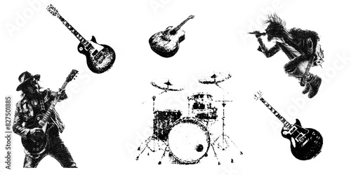 monochrome vector rockstar musician guitar and drum in mezzotint photocopy effect, for grunge punk y2k collage design. guitarist vocalist retro elements. brutalist vintage illustration music poster.