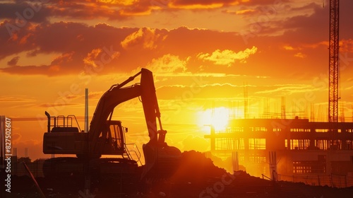 Wallpaper Mural Silhouette of an excavator at a construction site during a dramatic sunset, highlighting the intense colors of the sky. Torontodigital.ca
