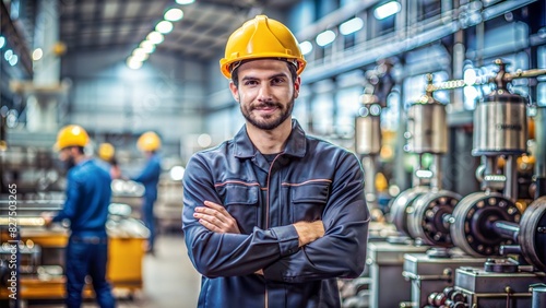 A portrait of a mechanical engineer, possibly with machinery or mechanical components in the background, conveying the concept of mechanical engineering and innovation. 