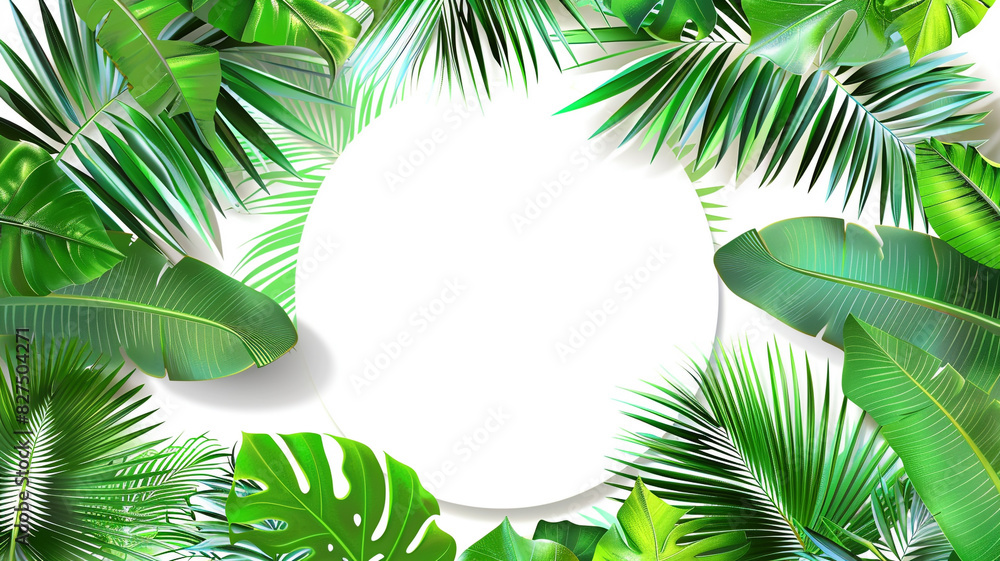 Fototapeta premium tropical green leaves with white round frame place for text on white background
