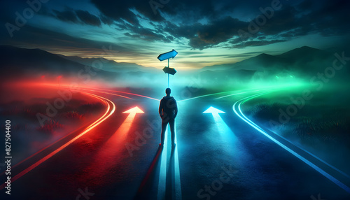 A person stands at a three-way fork in the road at dusk, with each path illuminated by a different colored light: red, green, and blue. The paths extend into a misty, surreal landscape photo