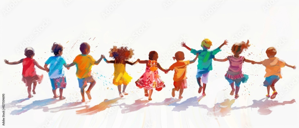 Fototapeta premium A joyful illustration of diverse children holding hands and playing together, showcasing unity, friendship, and happiness.