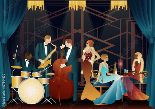 Jazz musicians in a restaurant, cafe or bar. Double bass, saxophone, drum. Musicians play musical instruments