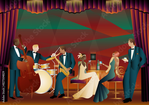 Jazz musicians in a restaurant, cafe or bar. Double bass, saxophone, drum. Musicians play musical instruments