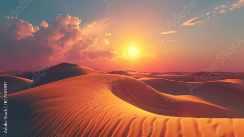 A vast desert landscape with a mountain in the foreground and a bright yellow sun in the background