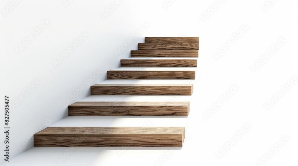 Wooden stairs with ascending steps, light rays shining down on each step, isolated on white background, perspective view Wooden stairs with ascending steps, light rays shining down on each step, isolated on white background, perspective view