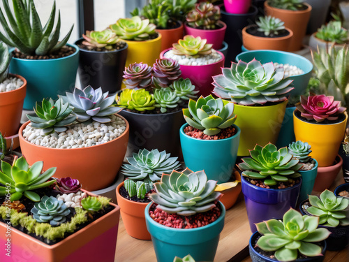 A vibrant array of succulents and houseplants in an assortment of colorful pots adorns a stylish indoor garden, with copy space, dof, ultra detailed, wide angle.