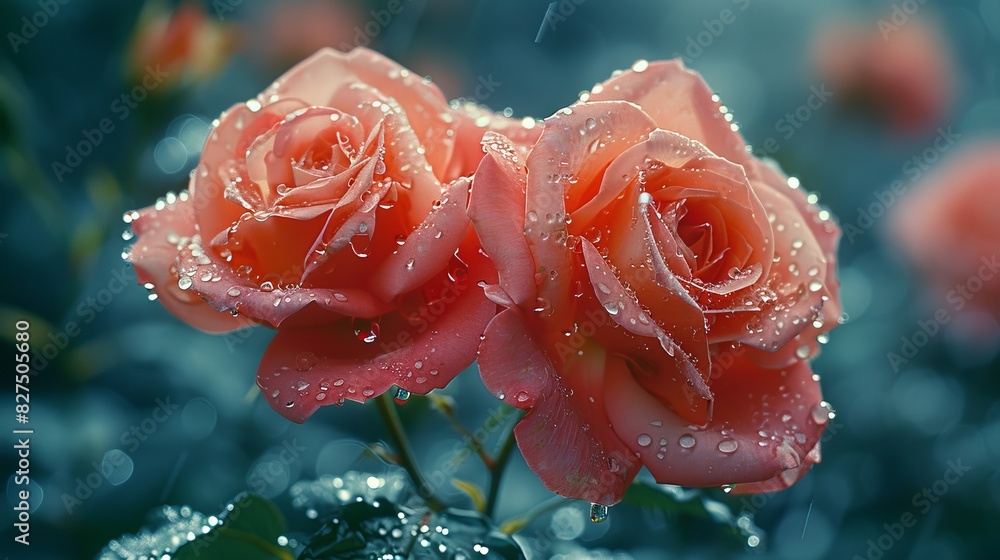 Rain-soaked roses with droplets visible, romantic atmosphere Rain-soaked roses with droplets visible, romantic atmosphere