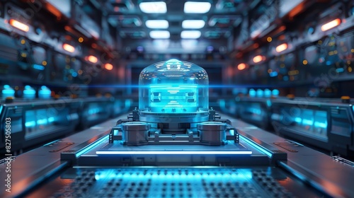 Fototapeta Naklejka Na Ścianę i Meble -  Quantum computer with illuminated cores and futuristic blue lights