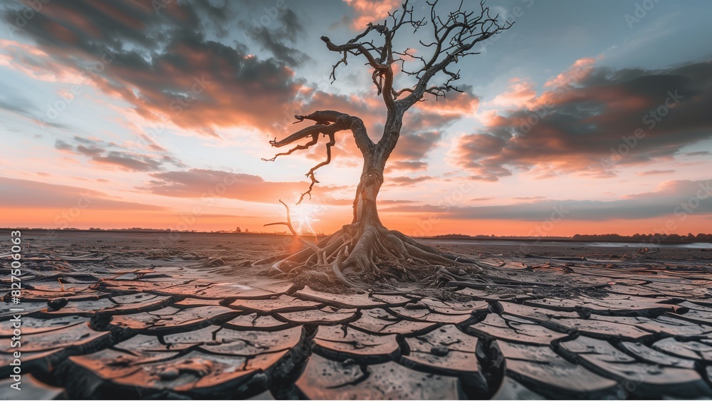 a landscape ravaged by climate change. a cracked, barren land under a ...