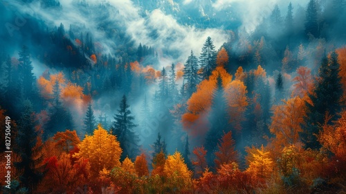 Misty autumn forest with rich colors and soft light  atmospheric and moody  ideal for artistic themes