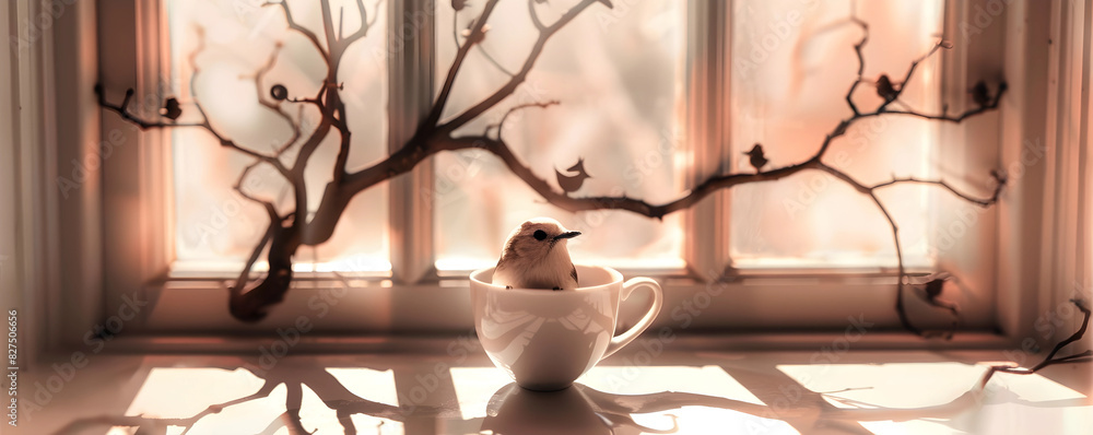 Surrounded by scattered apples and dried fruits, a small bird perches on the rim of a steaming cup in a dreamy setting. Surrounded by scattered apples and dried fruits, a small bird perches on the rim of a steaming cup in a dreamy setting.