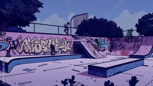 An animation illustrating a skatepark with skaters performing tricks, ramps, and graffiti-covered walls, all in pixel art. photo