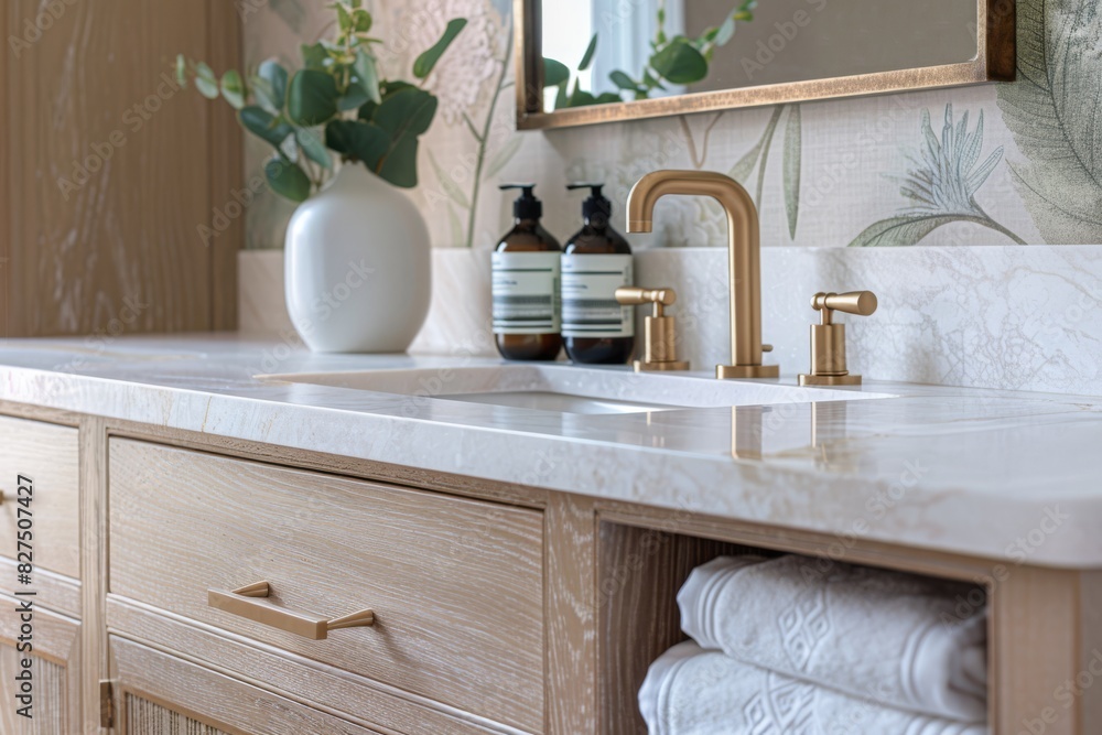 Chest of drawers with vessel sink, toiletries and houseplants in bathroom. Interior design. High quality photo Chest of drawers with vessel sink, toiletries and houseplants in bathroom. Interior design. High quality photo
