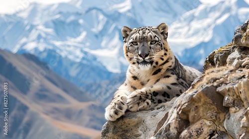 Snow Leopard Resting on a Himalayan Rocks with Majestic Mountain View