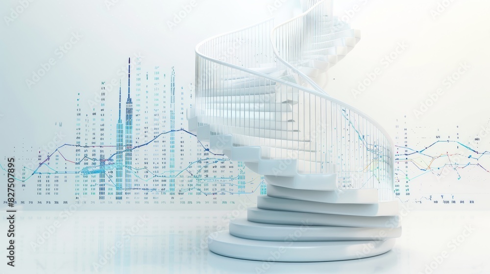 Obraz premium Spiral staircase with steps rising higher, upward financial graph in the background, isolated on white background, copy space