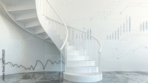 Spiral staircase with steps rising higher, upward financial graph in the background, isolated on white background, copy space photo