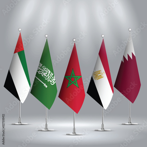 Set of Standings flags of Morocco, KSA, Egypt, UAE, and Qatar