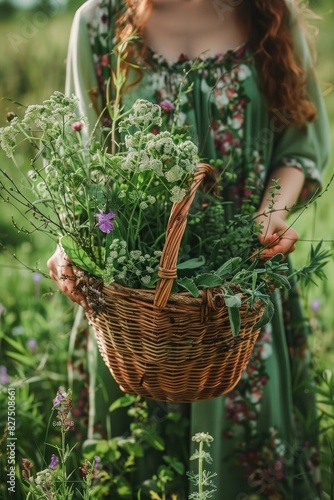 a woman collects medicinal herbs in a basket. Selective focus