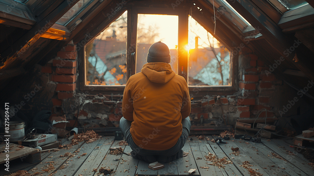 Fototapeta premium A man in an old attic, a man renovating an old attic, red wood, cinematic light 16:9