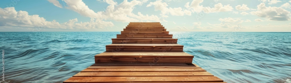 Wooden staircase with each step rising towards the sky, embellished with dollar signs, clear background, copy space Wooden staircase with each step rising towards the sky, embellished with dollar signs, clear background, copy space