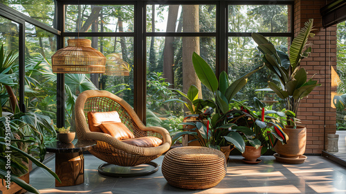 A cozy sunroom filled with lush green plants and wicker furniture. The large windows provide a beautiful view of the garden outside, making it an ideal spot for relaxation.