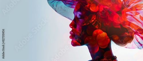 Woman with elegant fashion accessories close up, focus on, copy space vibrant colors Double exposure silhouette with stylish patterns