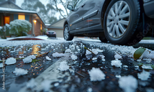 A car is pelted with hail in the driveway of a suburban home as it is parked in the driveway. A hailstorm, low angle, hail stones on the ground, hail damaged house and car, weather