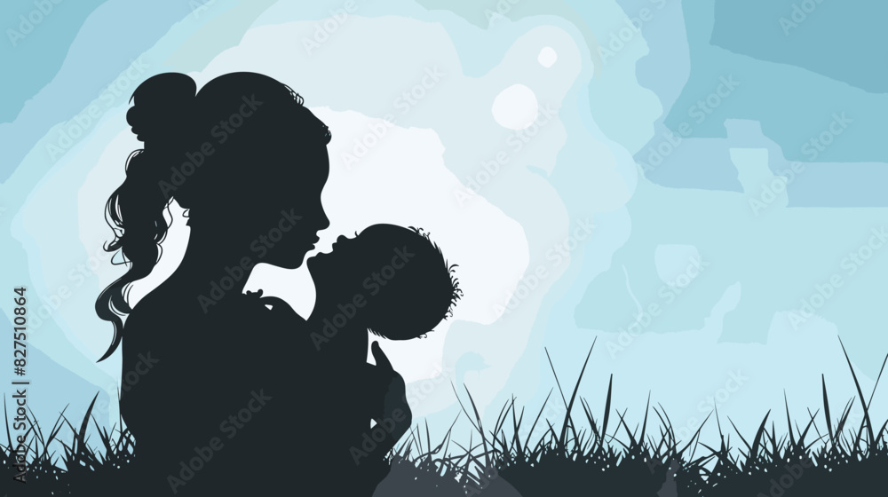Silhouette of Young Mother Lovingly Cradling and Kissing Her Infant Child, Festive Vector Illustration of Parental Affection