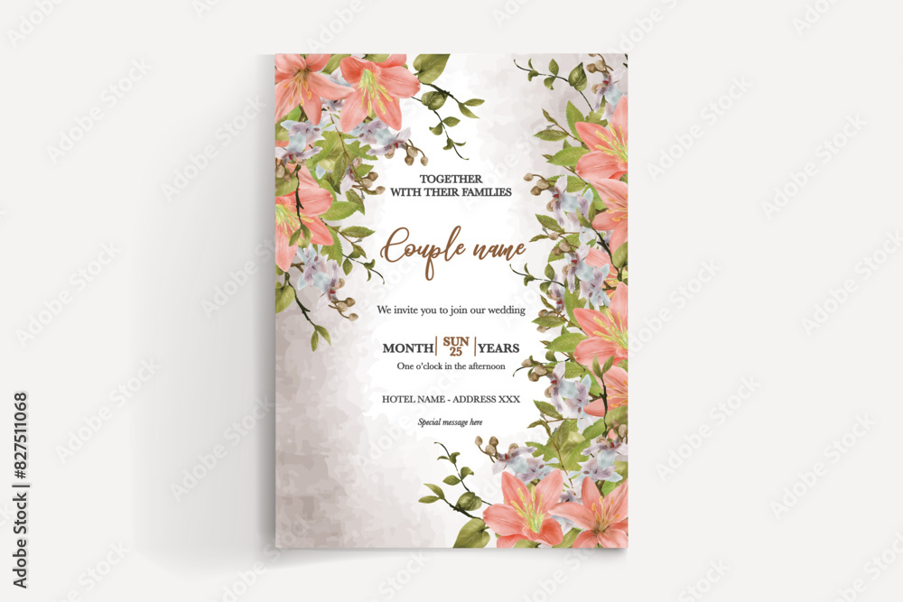 WEDDING INVITATION FRAME WITH FLOWER DECORATIONS AND FRESH LEAVES WEDDING INVITATION FRAME WITH FLOWER DECORATIONS AND FRESH LEAVES